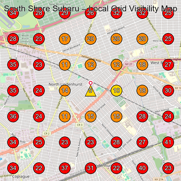 South Shore Subaru GeoGrid visibility map for Used Car Dealer in West Babylon